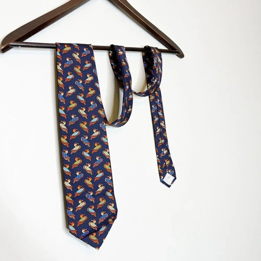 Vintage LLADRO Silk Tie Navy Blue Duck Decoy Made In‎ Spain Classic Designer